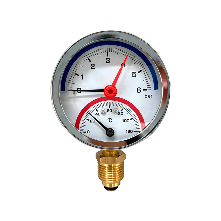 Termômetro Manômetro Hidráulico 6 Bar 120°C 1/2" BSP 80mm
